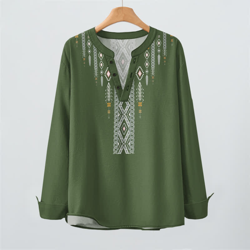 Buddha Stones Cotton Tribal Rhombus Geometric Pattern V-Neck Buttons Men's Long Sleeve Shirts - image 9