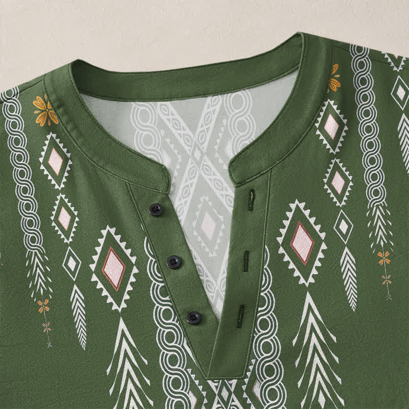Buddha Stones Cotton Tribal Rhombus Geometric Pattern V-Neck Buttons Men's Long Sleeve Shirts - image 11