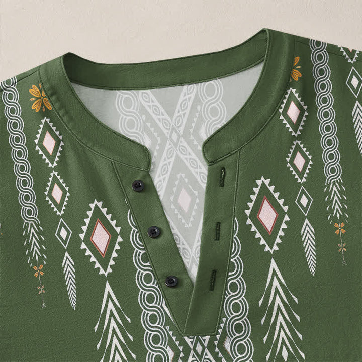 Buddha Stones Cotton Tribal Rhombus Geometric Pattern V-Neck Buttons Men's Long Sleeve Shirts - image 11