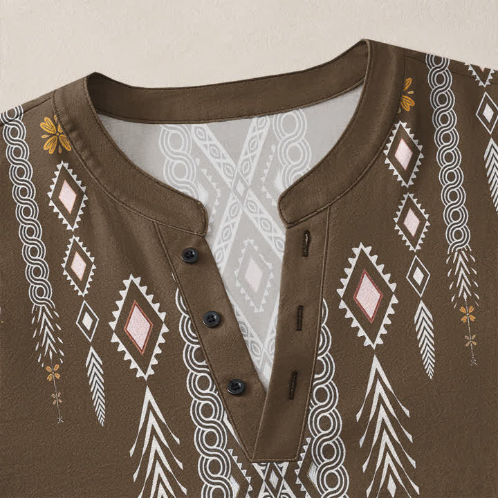Buddha Stones Cotton Tribal Rhombus Geometric Pattern V-Neck Buttons Men's Long Sleeve Shirts - image 18