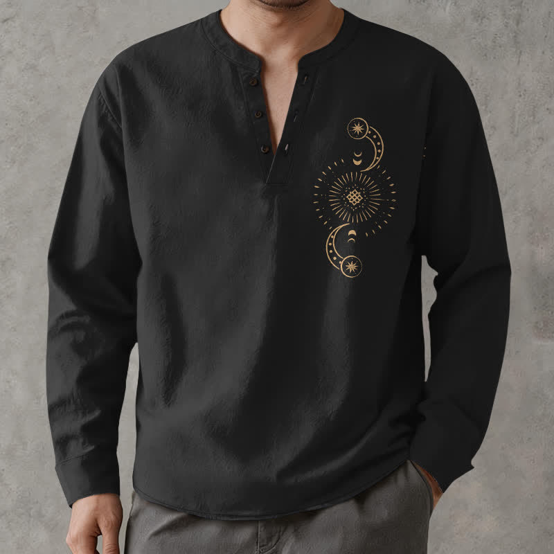 Buddha Stones Cotton Celestial Sun Moon Pattern V-Neck Buttons Men's Long Sleeve Shirts - image 1