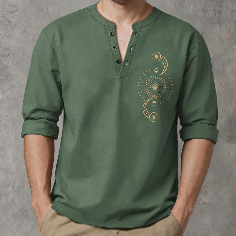 Buddha Stones Cotton Celestial Sun Moon Pattern V-Neck Buttons Men's Long Sleeve Shirts - MediumSeaGreen - US/UK/AU48，EU58 (4XL) - image 14