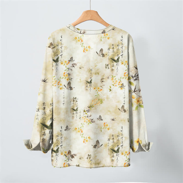 Buddha Stones Cotton Butterfly Floral Calligraphy Pattern V-Neck Buttons Men's Long Sleeve Shirts - image 3