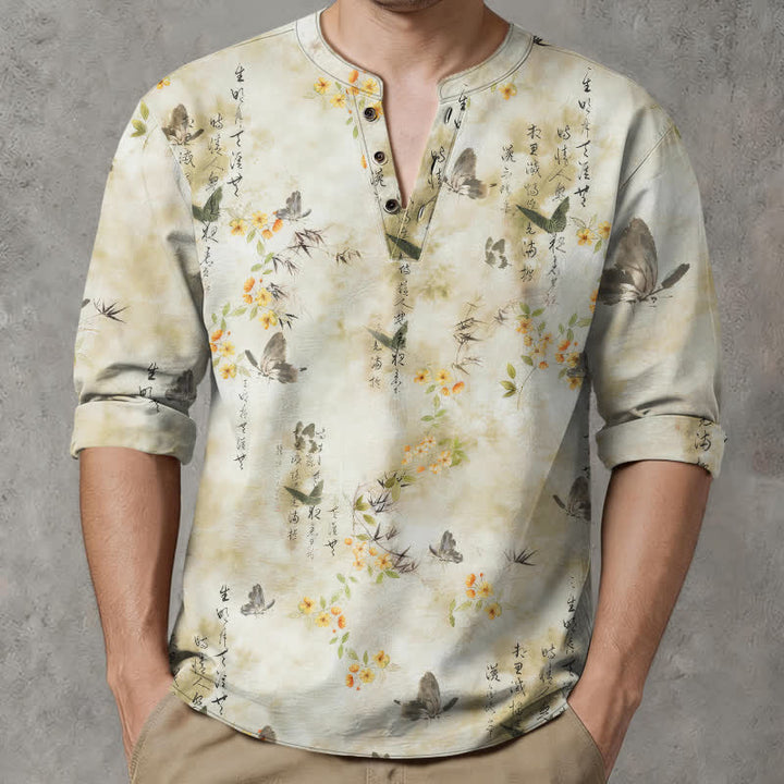 Buddha Stones Cotton Butterfly Floral Calligraphy Pattern V-Neck Buttons Men's Long Sleeve Shirts - image 1