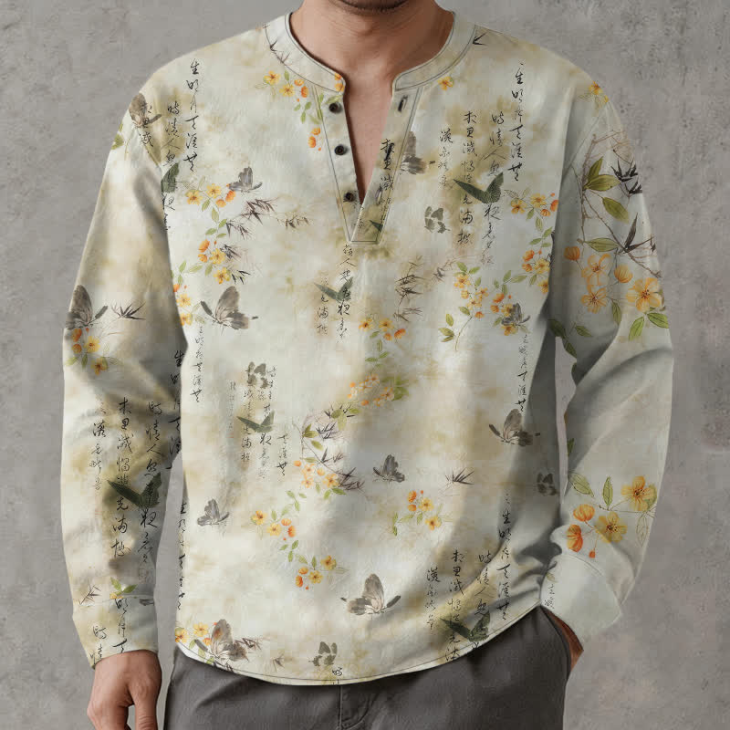 Buddha Stones Cotton Butterfly Floral Calligraphy Pattern V-Neck Buttons Men's Long Sleeve Shirts - Linen - US/UK/AU48，EU58 (4XL) - image 0