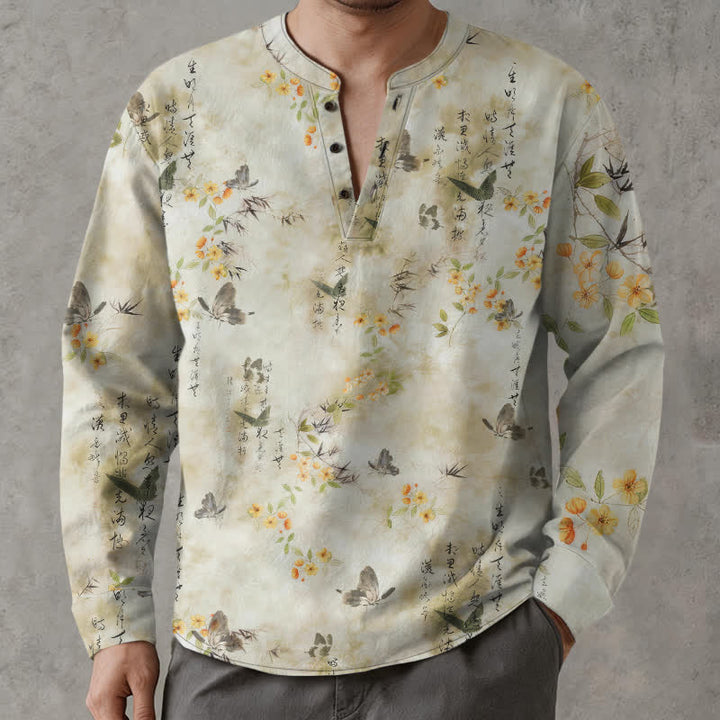Buddha Stones Cotton Butterfly Floral Calligraphy Pattern V-Neck Buttons Men's Long Sleeve Shirts - Linen - US/UK/AU48，EU58 (4XL) - image 0
