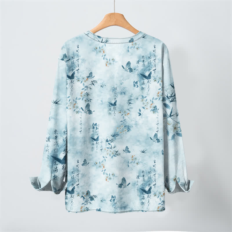 Buddha Stones Cotton Butterfly Floral Calligraphy Pattern V-Neck Buttons Men's Long Sleeve Shirts - image 10