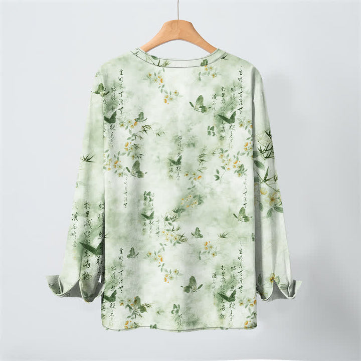 Buddha Stones Cotton Butterfly Floral Calligraphy Pattern V-Neck Buttons Men's Long Sleeve Shirts - image 17