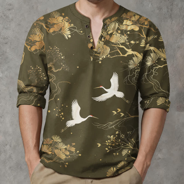 Buddha Stones Cotton Crane Floral Branch Pattern V-Neck Buttons Men's Long Sleeve Shirts - OliveDrab - US/UK/AU48，EU58 (4XL) - image 7