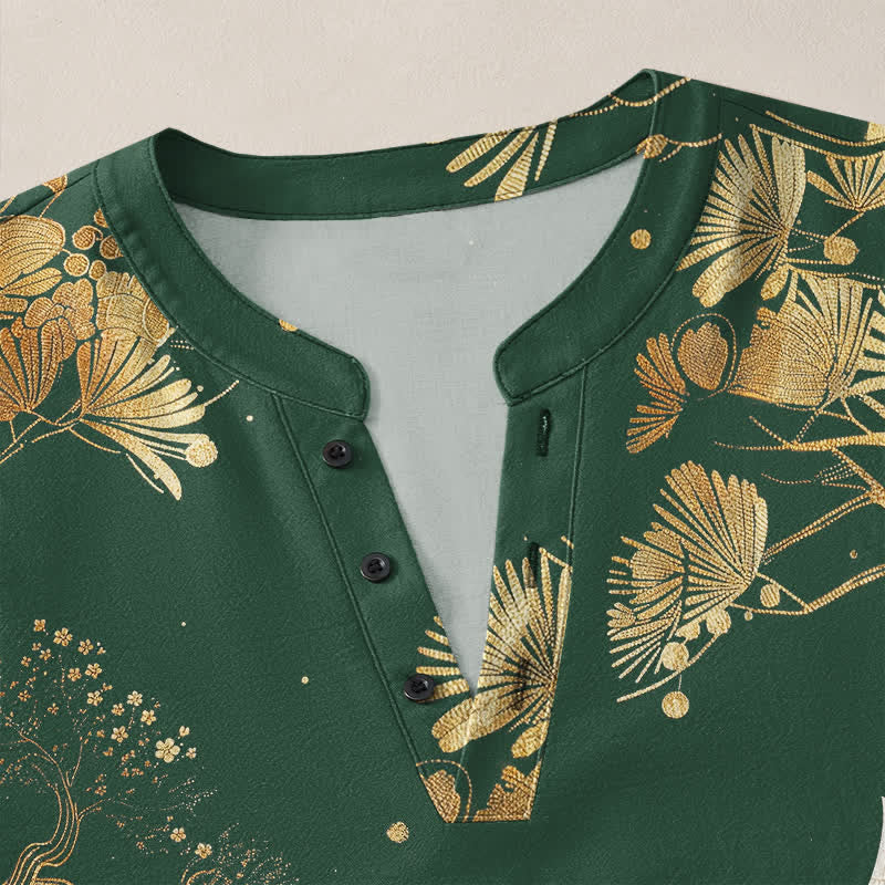 Buddha Stones Cotton Crane Floral Branch Pattern V-Neck Buttons Men's Long Sleeve Shirts - image 18