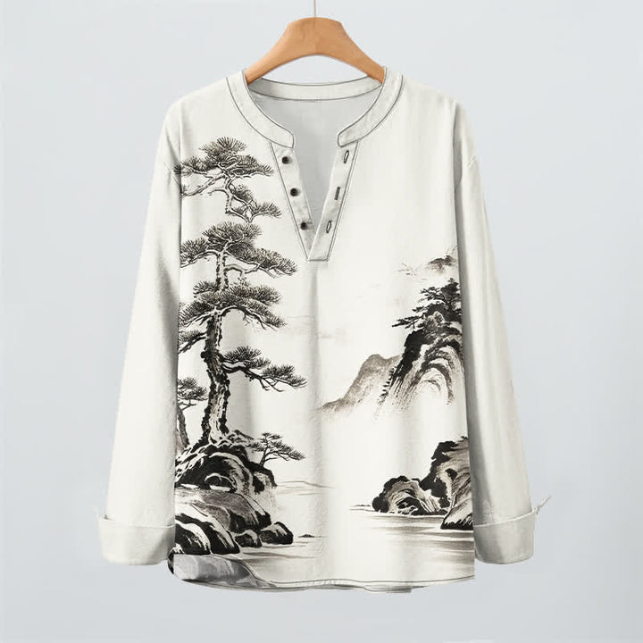 Buddha Stones Cotton Ink Landscape Pine Tree Mountains Pattern V-Neck Buttons Men's Long Sleeve Shirts - image 2
