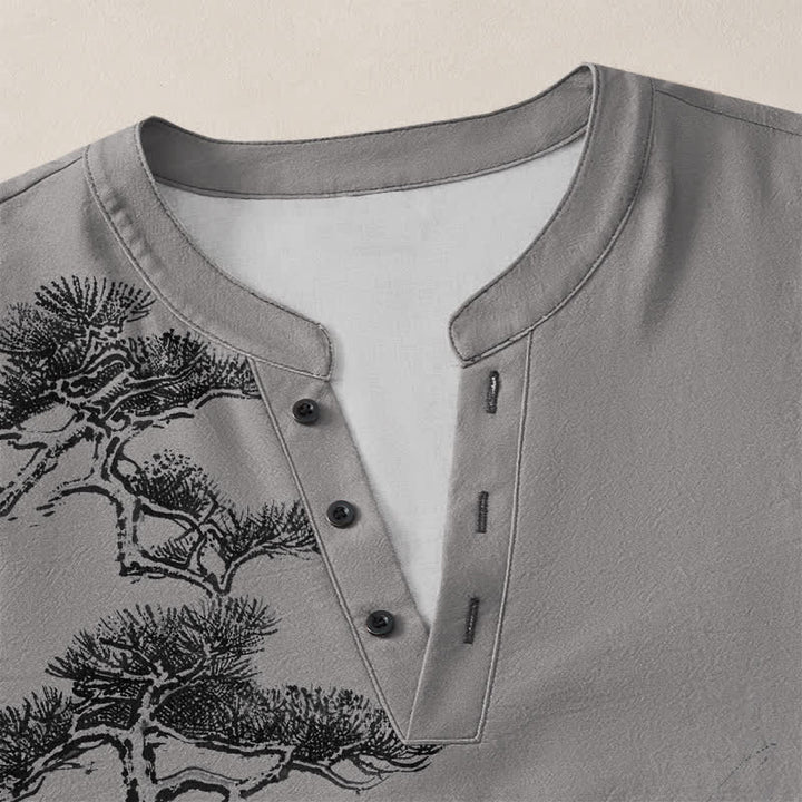 Buddha Stones Cotton Ink Landscape Pine Tree Mountains Pattern V-Neck Buttons Men's Long Sleeve Shirts - image 18