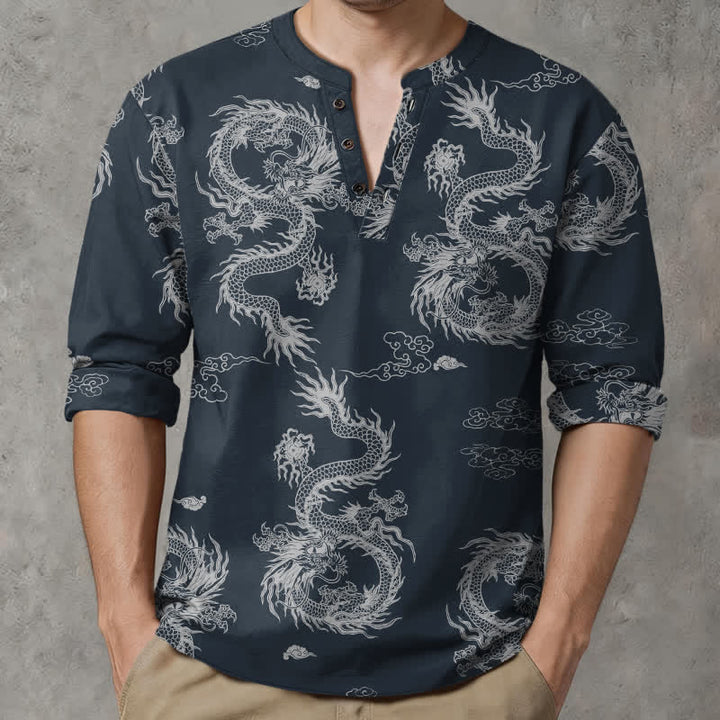 Buddha Stones Cotton Oriental White Dragon Cloud Pattern V-Neck Buttons Men's Long Sleeve Shirts - Navy - US/UK/AU48，EU58 (4XL) - image 0