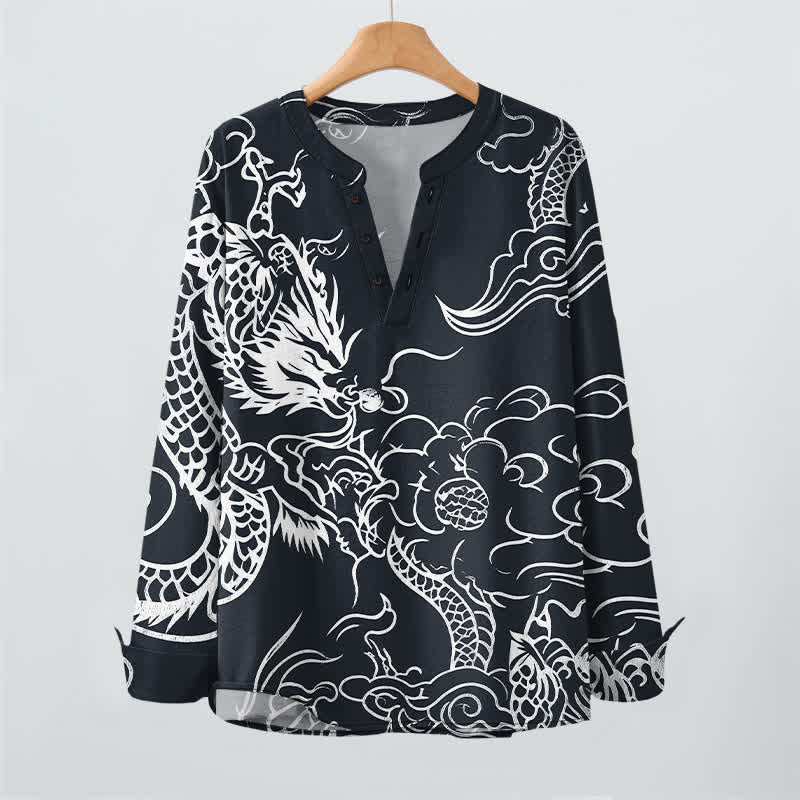 Buddha Stones Cotton Chinese Dragon Clouds Pattern V-Neck Buttons Men's Long Sleeve Shirts - image 9