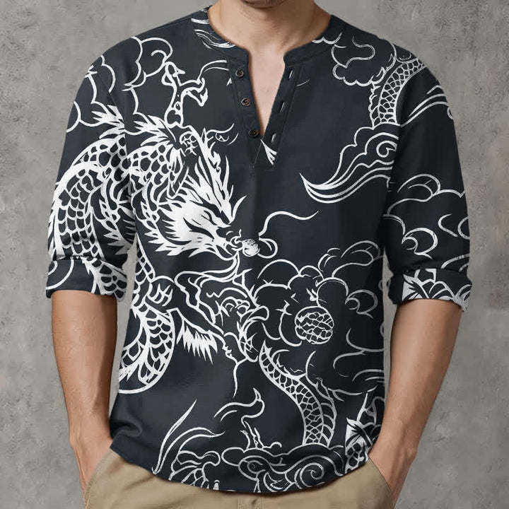 Buddha Stones Cotton Chinese Dragon Clouds Pattern V-Neck Buttons Men's Long Sleeve Shirts - image 8