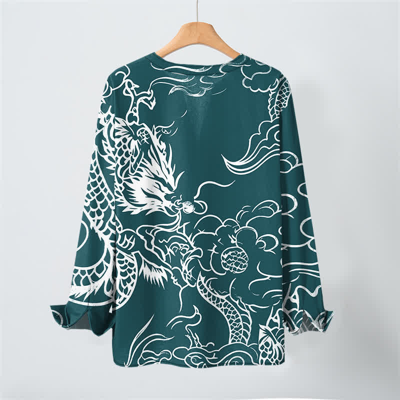 Buddha Stones Cotton Chinese Dragon Clouds Pattern V-Neck Buttons Men's Long Sleeve Shirts - image 17