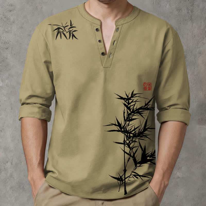 Buddha Stones Cotton Ink Bamboo Pattern V-Neck Buttons Men's Long Sleeve Shirts - DarkKhaki - US/UK/AU48，EU58 (4XL) - image 0