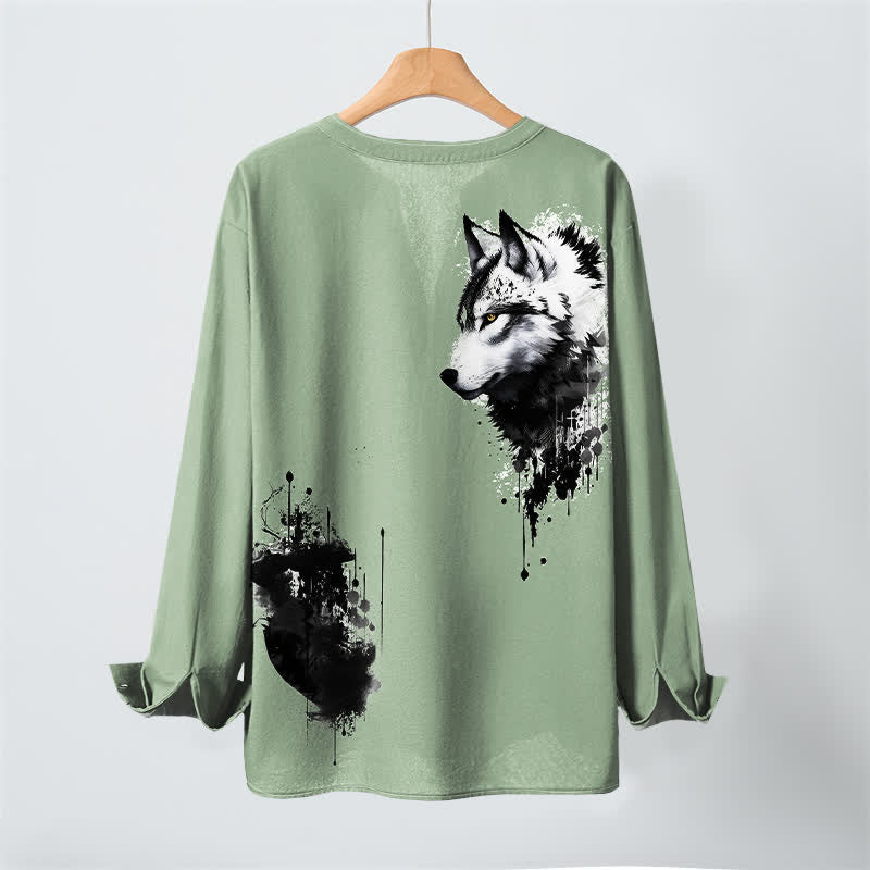 Buddha Stones Cotton Ink Wolf Head Pattern V-Neck Buttons Men's Long Sleeve Shirts - image 10
