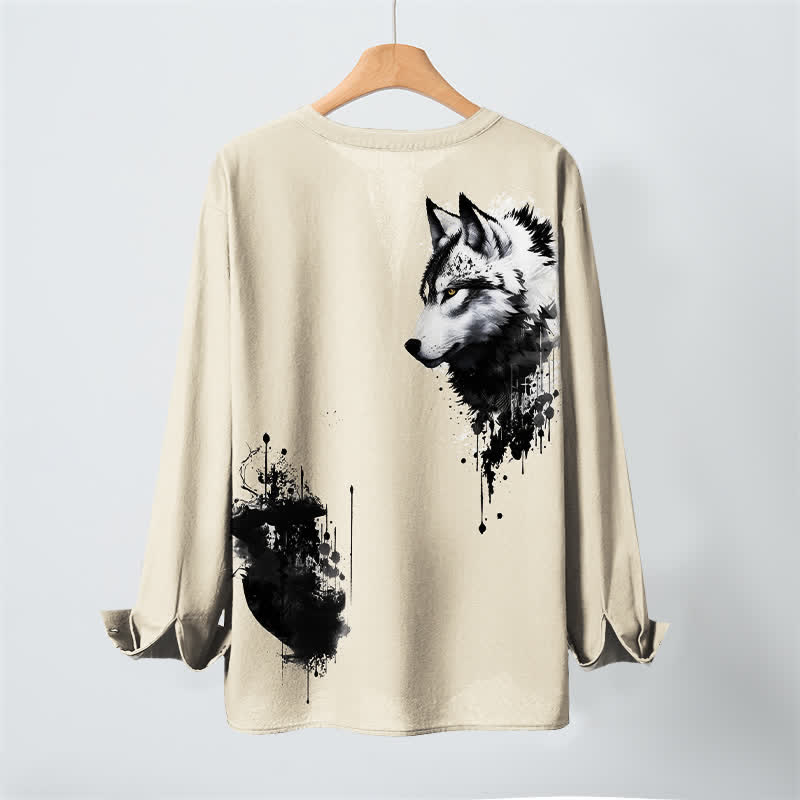 Buddha Stones Cotton Ink Wolf Head Pattern V-Neck Buttons Men's Long Sleeve Shirts - image 17
