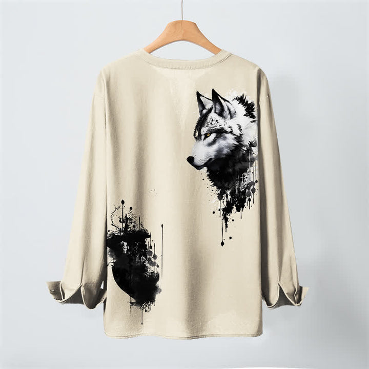 Buddha Stones Cotton Ink Wolf Head Pattern V-Neck Buttons Men's Long Sleeve Shirts - image 17