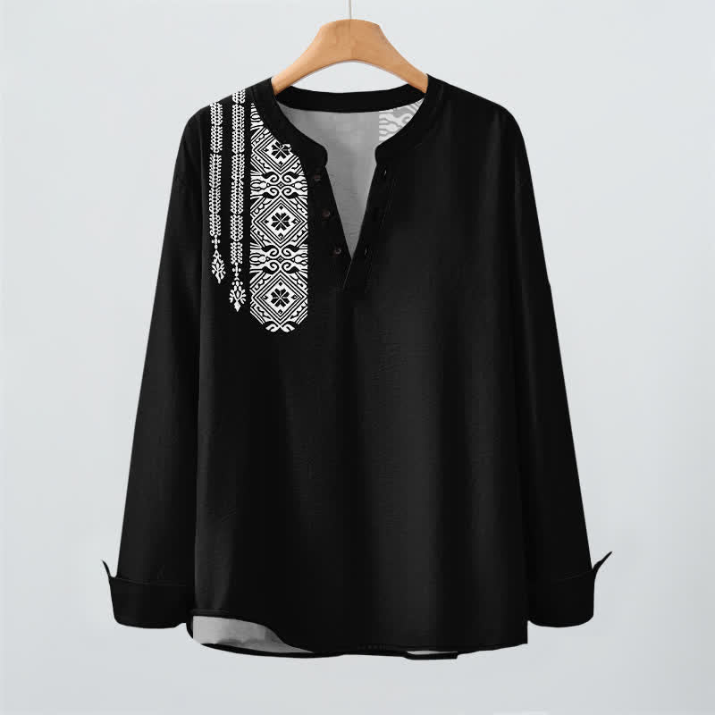 Buddha Stones Cotton Tribal Square Geometric Pattern V-Neck Buttons Men's Long Sleeve Shirts - image 2