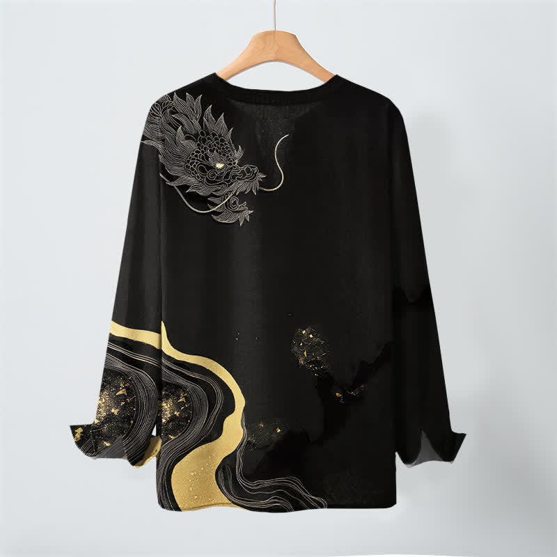 Buddha Stones Cotton Vintage Dragon Art Pattern V-Neck Buttons Men's Long Sleeve Shirts - image 3