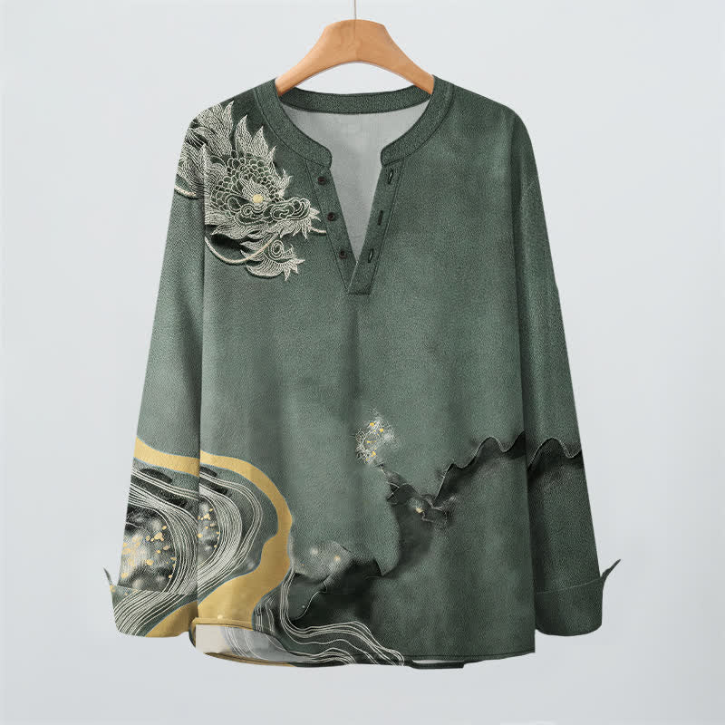 Buddha Stones Cotton Vintage Dragon Art Pattern V-Neck Buttons Men's Long Sleeve Shirts - image 9