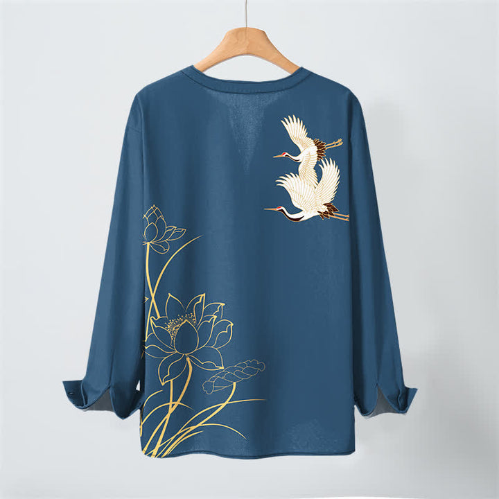 Buddha Stones Cotton Crane Lotus Pattern V-Neck Buttons Men's Long Sleeve Shirts - image 3