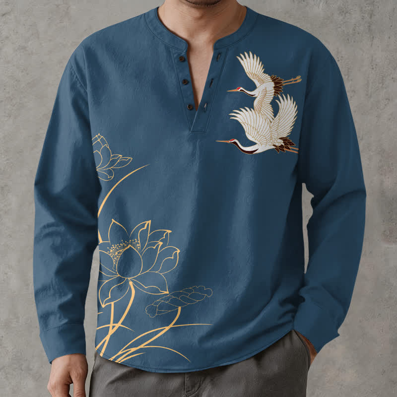 Buddha Stones Cotton Crane Lotus Pattern V-Neck Buttons Men's Long Sleeve Shirts - SteelBlue - US/UK/AU48，EU58 (4XL) - image 0