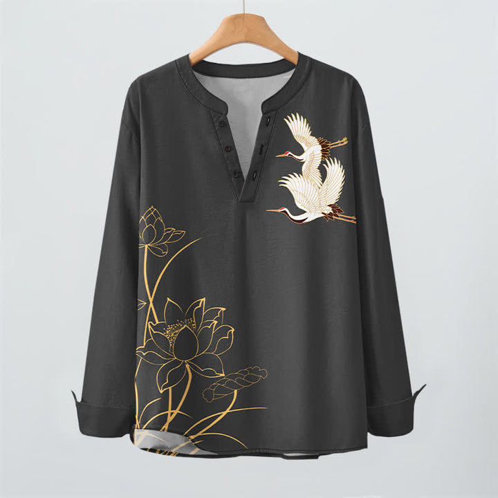 Buddha Stones Cotton Crane Lotus Pattern V-Neck Buttons Men's Long Sleeve Shirts - image 9