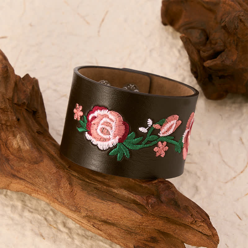 Buddha Stones Vintage Floral Rose Butterfly Embroidered Leather Buckle Bracelet - image 18