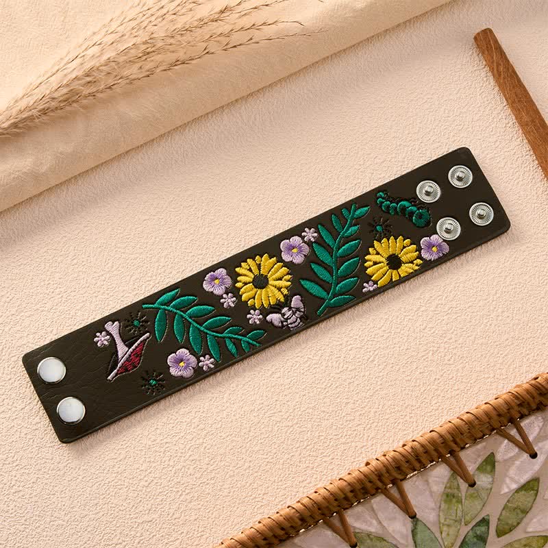 Buddha Stones Vintage Floral Rose Butterfly Embroidered Leather Buckle Bracelet - image 5