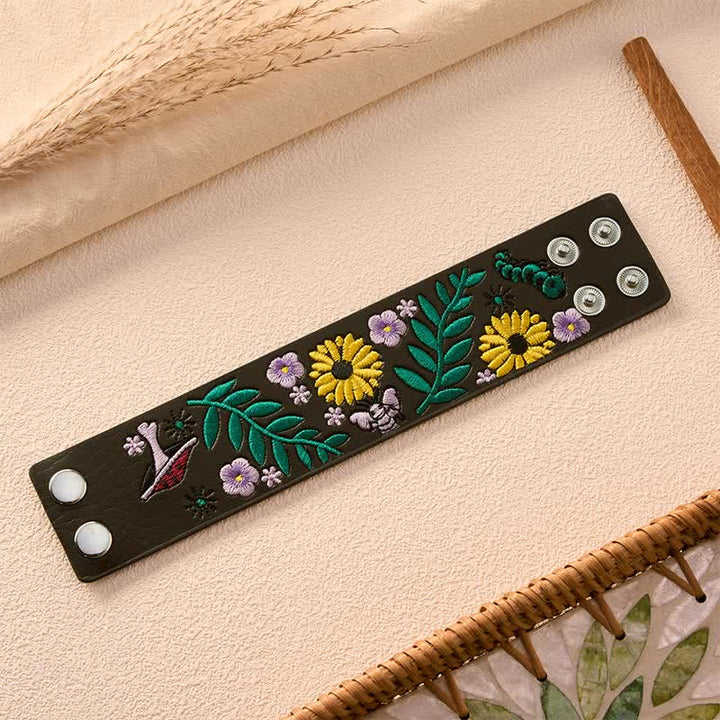 Buddha Stones Vintage Floral Rose Butterfly Embroidered Leather Buckle Bracelet - image 5