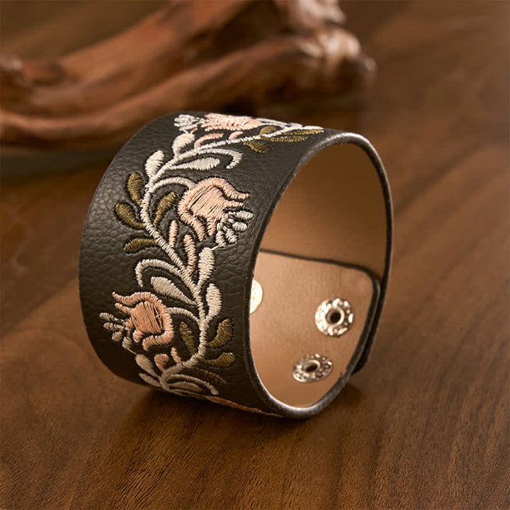 Buddha Stones Leather Hand-woven Braided White Flower Vine Protection Buckle Bracelet - image 2