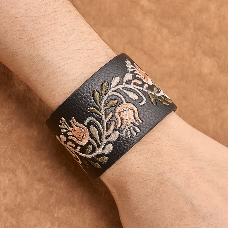 Buddha Stones Leather Hand-woven Braided White Flower Vine Protection Buckle Bracelet - image 4
