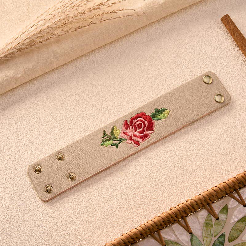 Buddha Stones Leather Embroidered Rose Wide Protection Buckle Bracelet - image 12