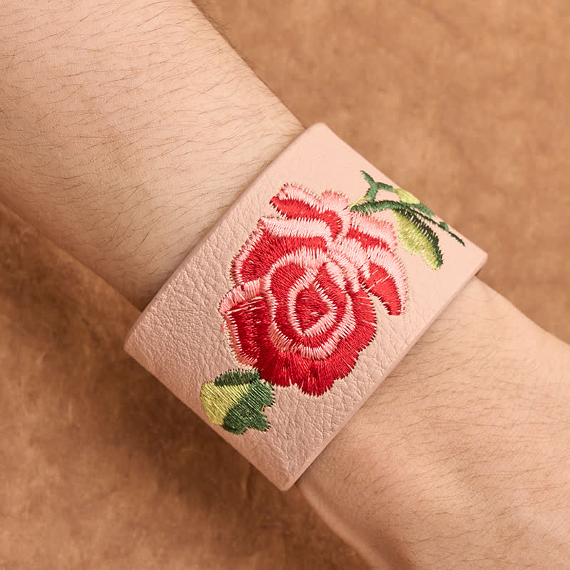 Buddha Stones Leather Embroidered Rose Wide Protection Buckle Bracelet - image 11