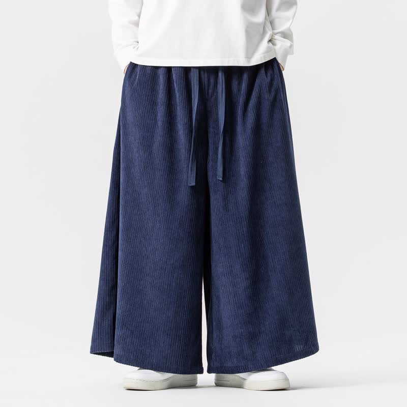 Buddha Stones Fall Winter Simple Classic Drawstring Solid Corduroy Ankle Pants Men's Wide Leg Pants With Pockets - MidnightBlue - US/UK/AU46，EU56 (5XL) - image 0