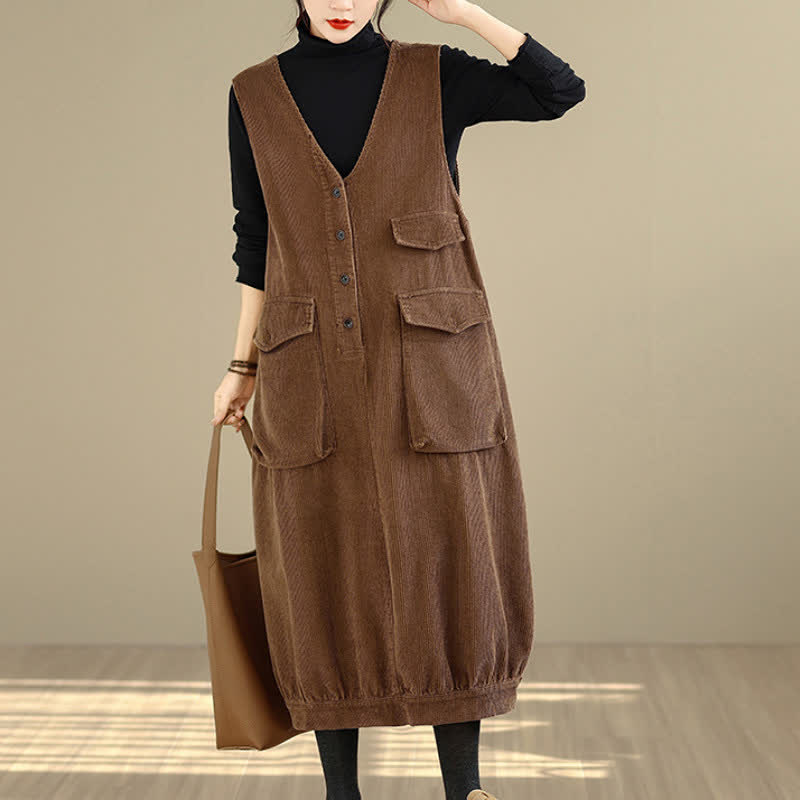 Buddha Stones Fall Winter Vintage Retro Button-Up Solid Corduroy Women's Winter Sleeveless Dress With Pockets - Sienna - US8-10，UK/AU12-14，EU40-42 (2XL) - image 1