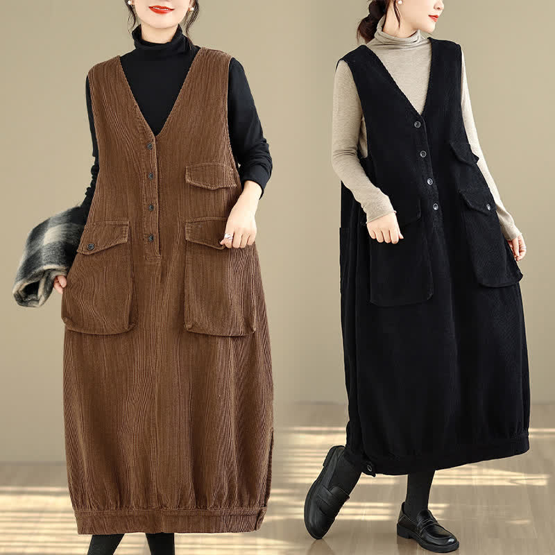 Buddha Stones Fall Winter Vintage Retro Button-Up Solid Corduroy Women's Winter Sleeveless Dress With Pockets - image 0