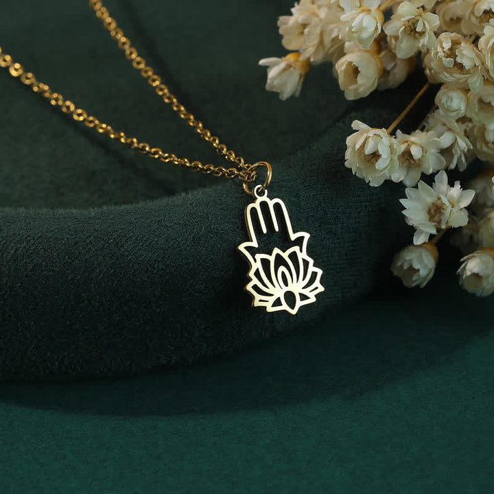 Buddha Stones Titanium Steel Lotus Hamsa Hand Protection Necklace - Gold - image 3