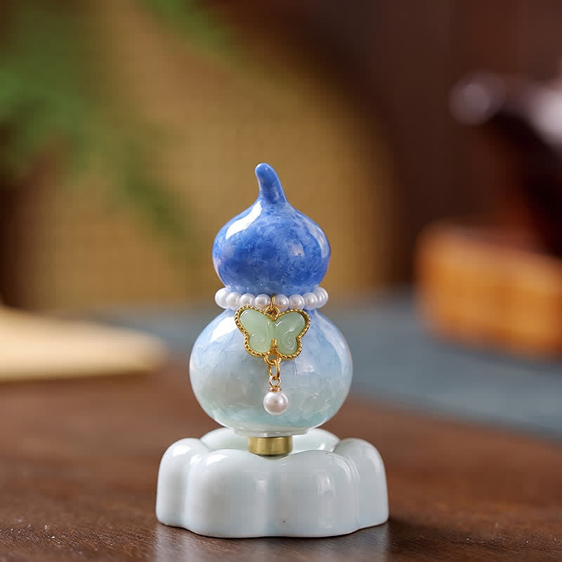 Buddha Stones Ceramic Butterfly Gourd Rotating Mindful Living Decor - Gourd Dark Blue+Light Green Butterfly+Blue Base - image 0