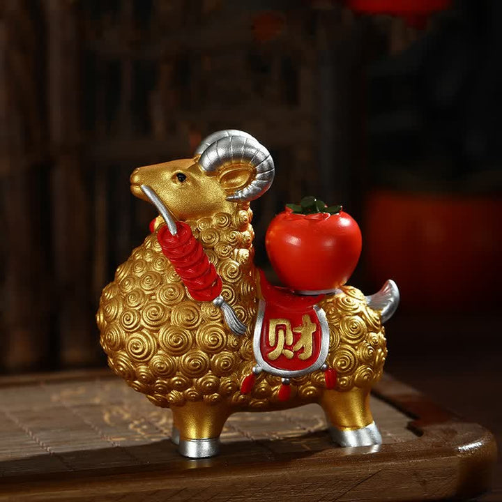 Buddha Stones Resin Prosperity Goat Sheep Fortune Bag Ingot Gourd Persimmon Desktop Ornament Cute Animal Decor - Golden - Persimmon - image 10