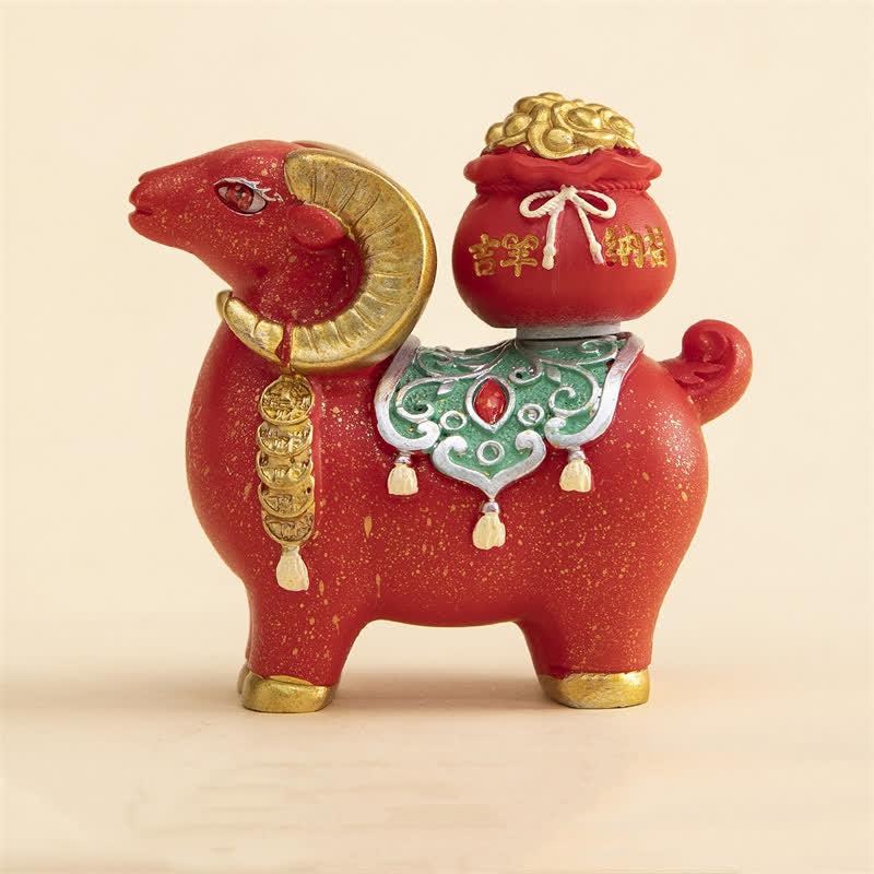 Buddha Stones Resin Zodiac Goat Sheep With Fortune Bag For Luck Cute Animal Decor - Auspicious Sheep - Red - image 7