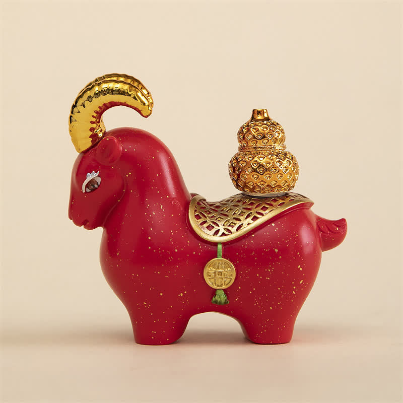 Buddha Stones Resin Zodiac Goat Sheep Prosperity Ingot Gourd Desk Accent Cute Animal Decor - Red Goat Gourd - image 9