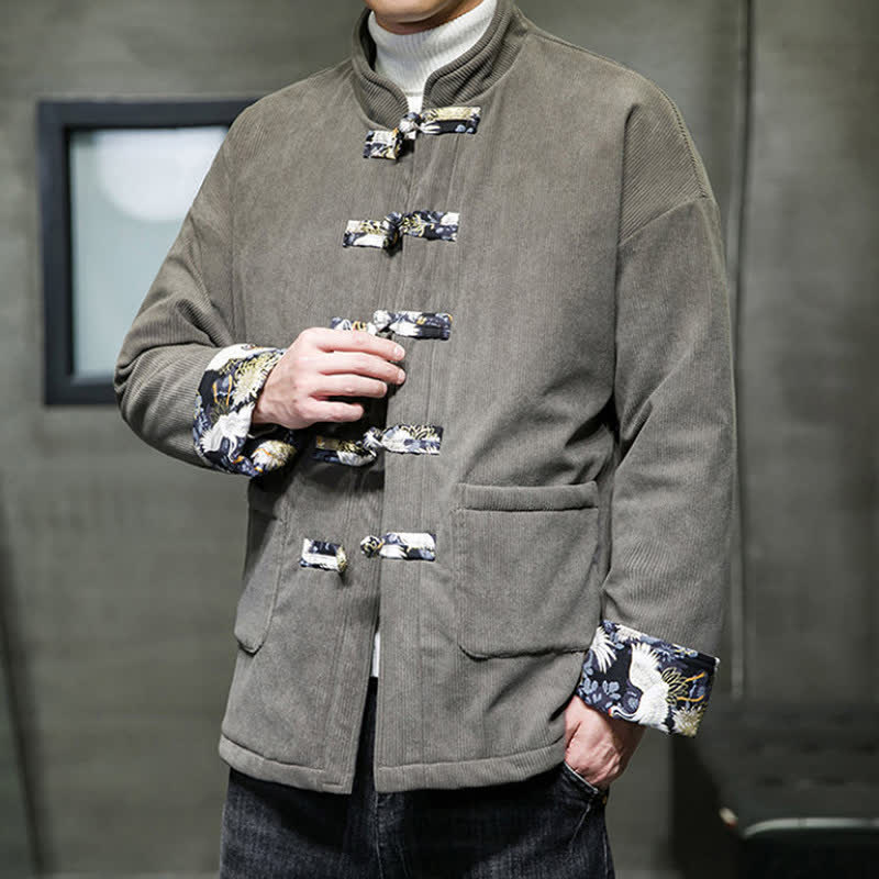 Buddha Stones Fall Winter Casual Tang Style Mandarin Collar White Crane Solid Men's Jacket With Pockets - image 1