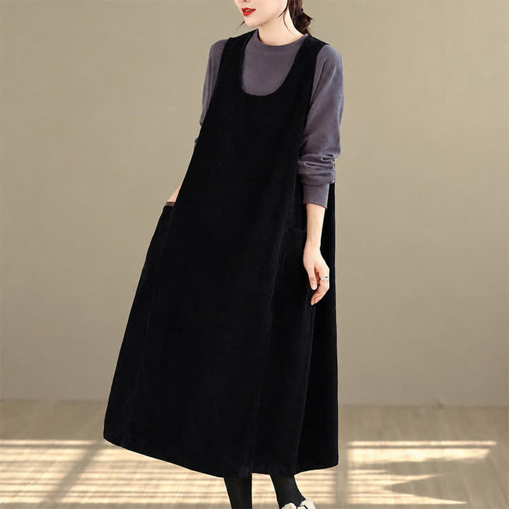Buddha Stones Fall Winter Retro Simple Solid Corduroy Scoop Neck Women's Winter Sleeveless Dress With Pockets - Black - US8-10，UK/AU12-14，EU40-42 (2XL) - image 11
