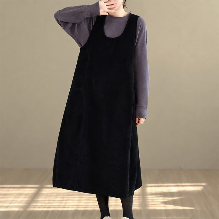 Buddha Stones Fall Winter Retro Simple Solid Corduroy Scoop Neck Women's Winter Sleeveless Dress With Pockets - image 12