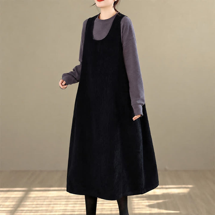 Buddha Stones Fall Winter Retro Simple Solid Corduroy Scoop Neck Women's Winter Sleeveless Dress With Pockets - image 13
