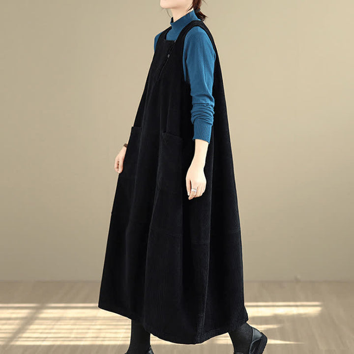 Buddha Stones Fall Winter Vintage Plain Solid Scoop Neck Women's Winter Sleeveless Dress With Pockets - image 14